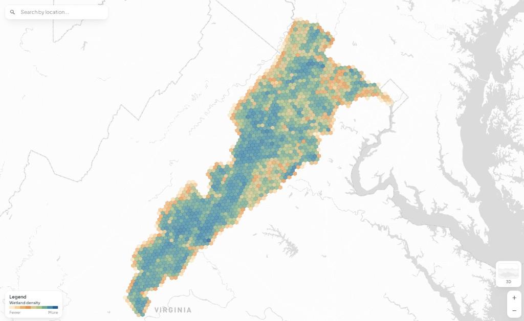 WetlandSense map showing wetland density across Virginia with an H3 hex overview and legend